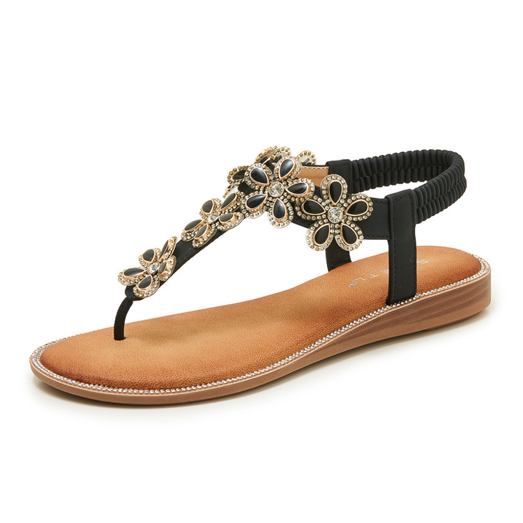 Dép sandal nữ xỏ ngón đế bệt đính hoa kim cương mềm chống trượt — màu đen, màu mơ chi tiết 17