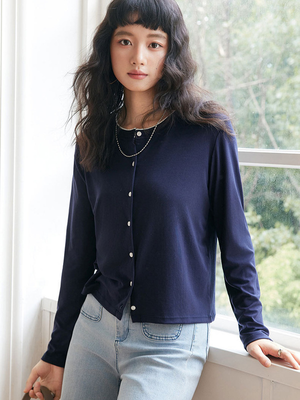 miu系撞色~莱赛尔天丝纽扣针织开衫女春秋基础百搭长袖圆领上衣|undefined