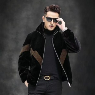 Men's Winter Outwear 2024 New Haining Fur Velvet Fleece-Lined Thickeneded Stand Collar Fashionable Fur Outwear
