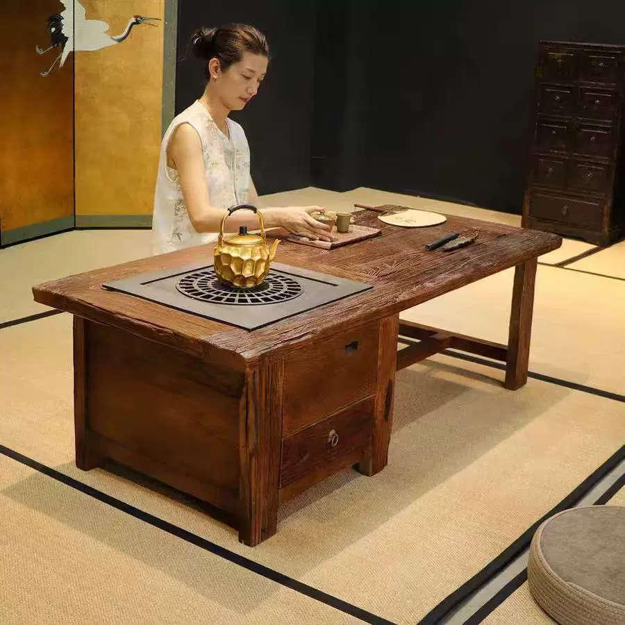中古风老榆木茶桌实木户外阳台围炉煮茶桌中式禅意户外烤火取暖桌