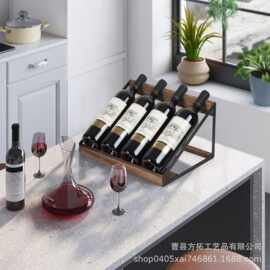 跨境木制红酒瓶收纳架实木家用调料置物架铁艺结合斜放酒瓶置物架