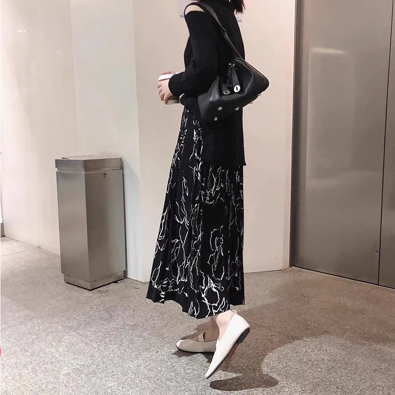 法式复古针织半身裙秋冬新款高级感高腰百褶裙气质a字伞裙中长裙