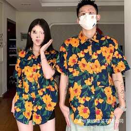 港风设计感新款男女衬衣短袖碎花衬衫夏季宽松复古上衣度假沙批发