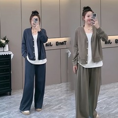 大码韩系慵懒风拼色假两件上衣裤子时尚洋气显瘦减龄假三件套装女