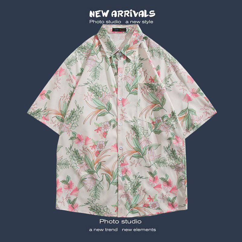 Camisa floral de manga corta Estilo de Hong Kong estilo retro de vetiver Estilo coreano moda guapo camisa de hombres y mujeres de moda y top de hadas