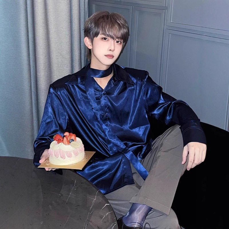 Minimalist French-Style Blue Satin Ribbon Shirt for Men with New Chinese Design and Drapey Shoulder Pads, Long-Sleeve Shirt