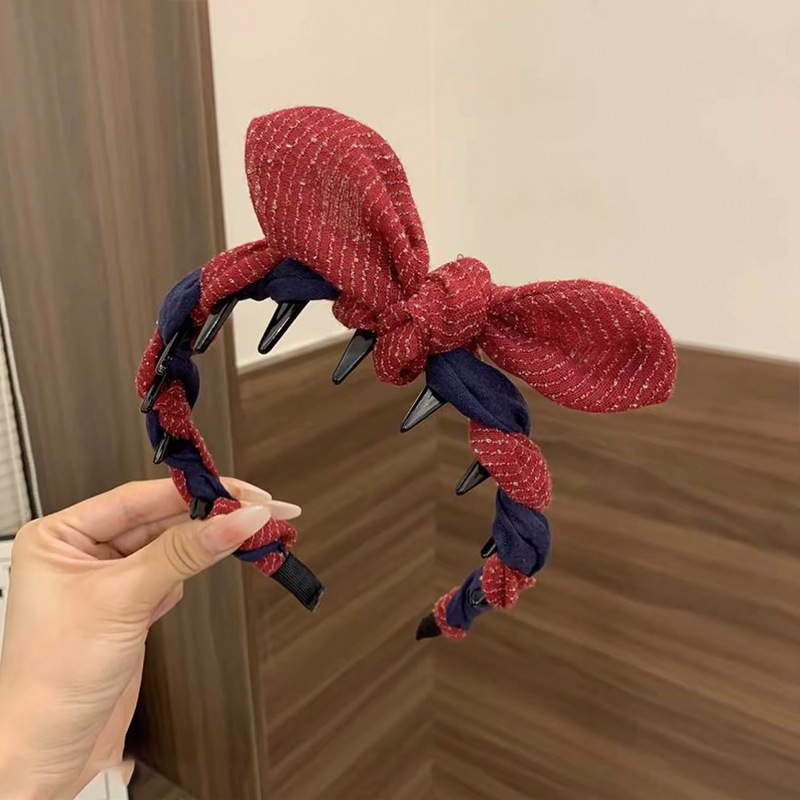 撞色条纹齿梳发箍女蝴蝶结兔耳朵防滑带齿头百搭高级感秋冬款发饰|undefined