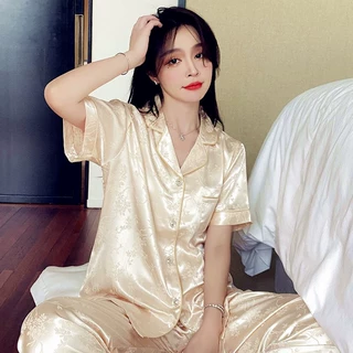 缎面睡衣女款夏季冰丝高级感2026新款花卉轻奢短袖套装大码家居服
