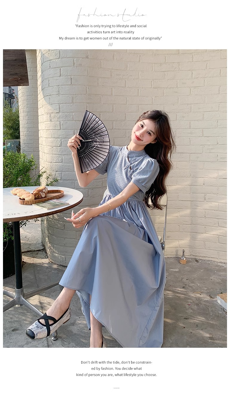 Blue Chinese Style For Women, Summer 2025 New Model, Improved Cheongsam, Elegant And Slimming Long A-line Dress_ecoleips.com