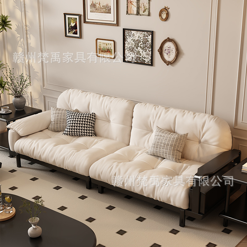 Nordic Retro Walnut Wood Full Solid Sofa Living Room Set Small House Mid-Century Style Winter-Summer Dual-Purpose Cloud Sofa