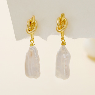 Simple Bow Copper Plated Real Gold 925 Silver Needle Natural Freshwater Pearl Baroque Earrings Pipa Beads Wholesale