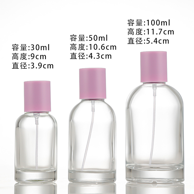 Botella de perfume puntual, material blanco de cristal transparente, botella de embalaje cosmético de vidrio, botella de relleno de perfume en aerosol de bayoneta, botella vacía