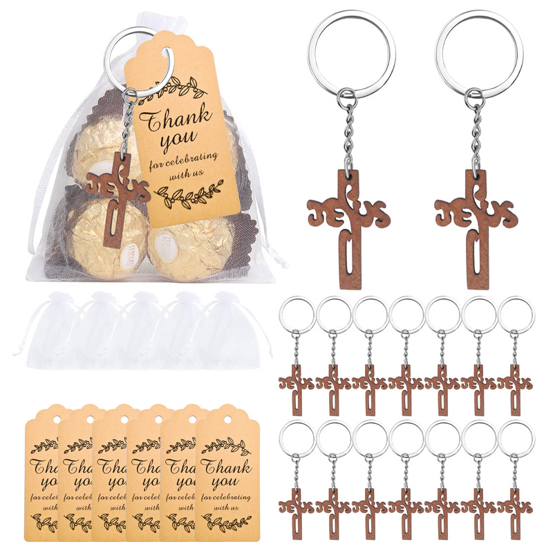 Cross-Border Direct Sales Wooden Sign with Hollow Cross Keychain, Baptism Table Party Favors, Kraft Paper Label Gifts