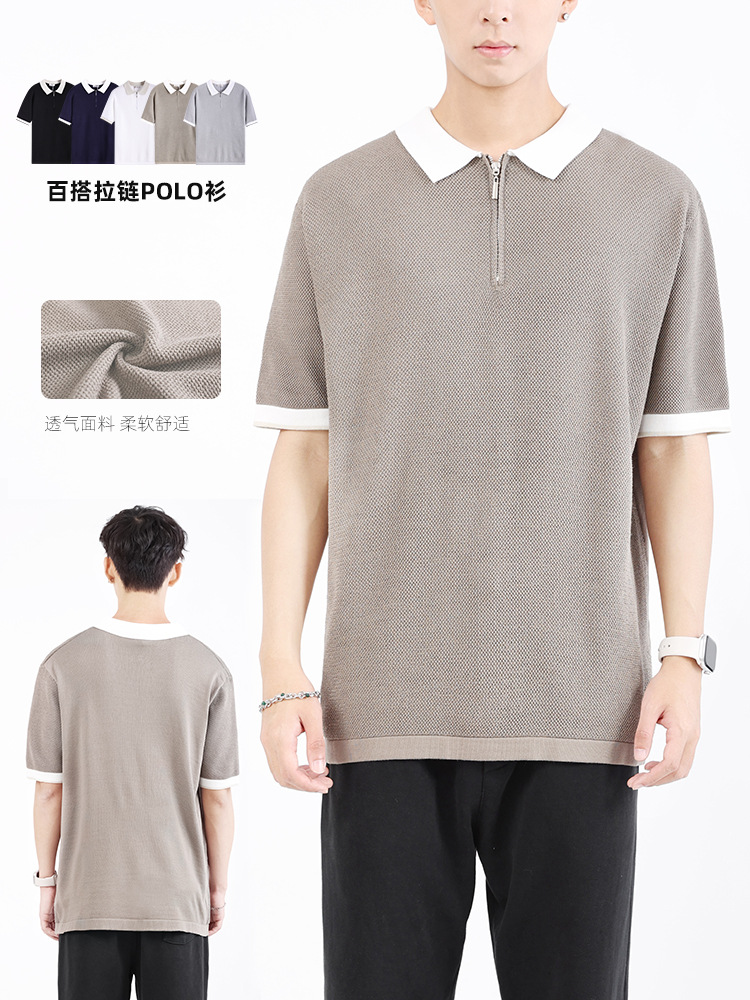 Hombres polo de verano para hombres, camiseta de punto de alta calidad de seda de hielo secado rápido con solapa de color contrastante, ropa transpirable de mangas cortas para hombres