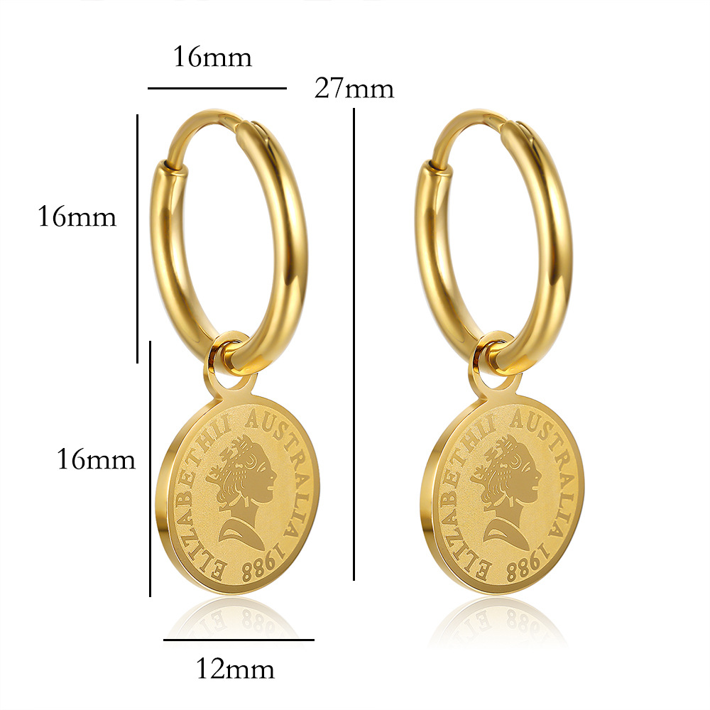 Retro Portrait Round Square Titanium Steel Drop Earrings 1 Pair