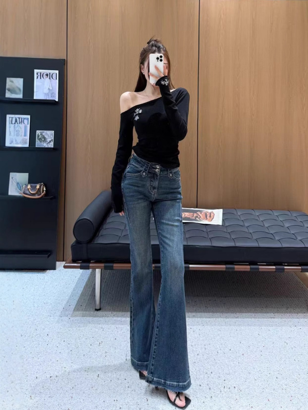 南油女装裤子批发2025早秋十字架口袋微喇叭牛仔裤女复古高腰显瘦|undefined