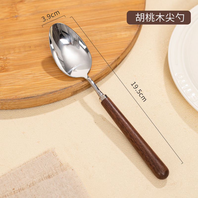 食品級304胡桃木柄ステンレス丸スプーン高級木柄食事スプーンパスタフォーク艶出し家庭用|undefined