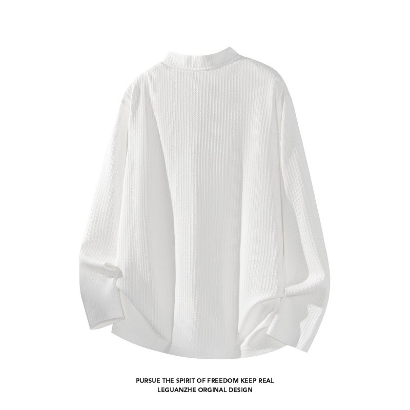 Textured Henry Collar Long-sleeve T-shirt, Autumn Patchwork Deconstructed Heavy Polo Shirt, High-end Stylish Hoodie_voghion.com