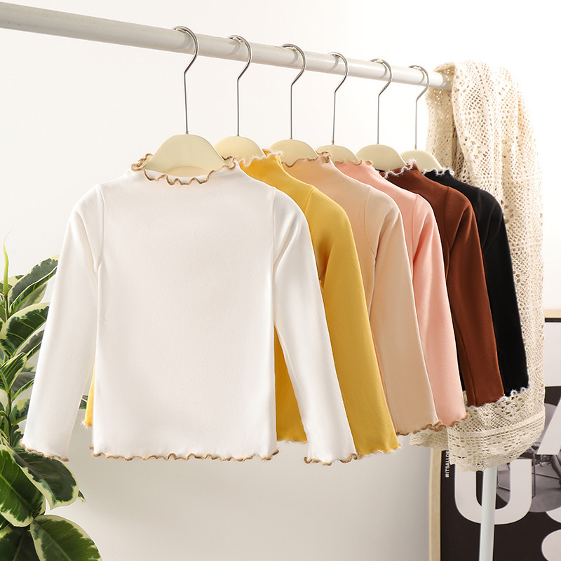 Terciopelo color a juego oreja de madera Otoño e Invierno estilo occidental de los niños de manga larga Camiseta bebé niñas todo partido medio y grande camisa de fondo de los niños