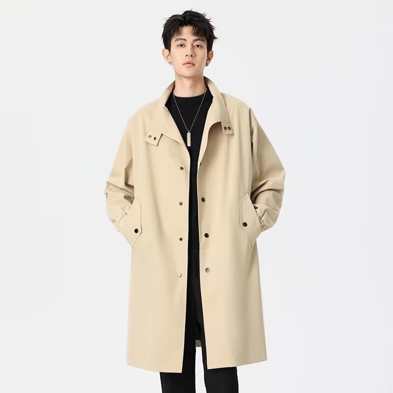 POBrand Men's and Women's Twill Embroidered Lapel Trench Coat, Mid-Length Overcoat, Women's Autumn and Winter Trendy Brand