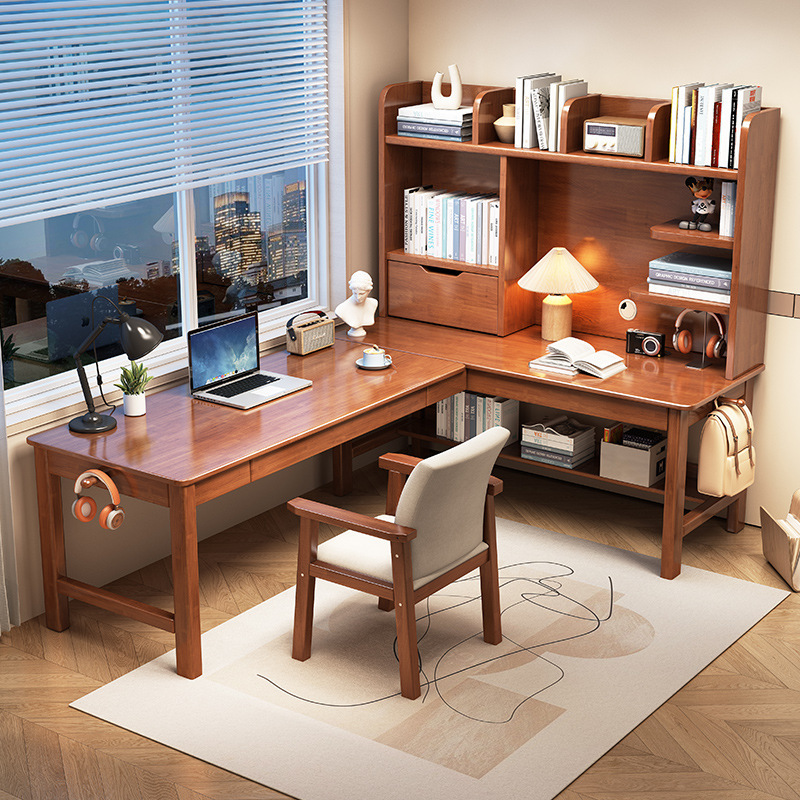 L-shaped corner desk home computer desk bookshelf integrated corner study table and chair solid wood desk bedroom window