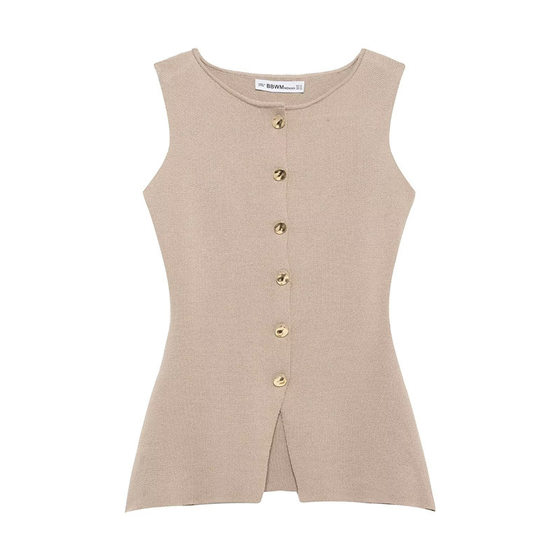 Cross-border foreign trade European and American style women's clothing 2025 new fashion vest gold button flat needle vest 4192100