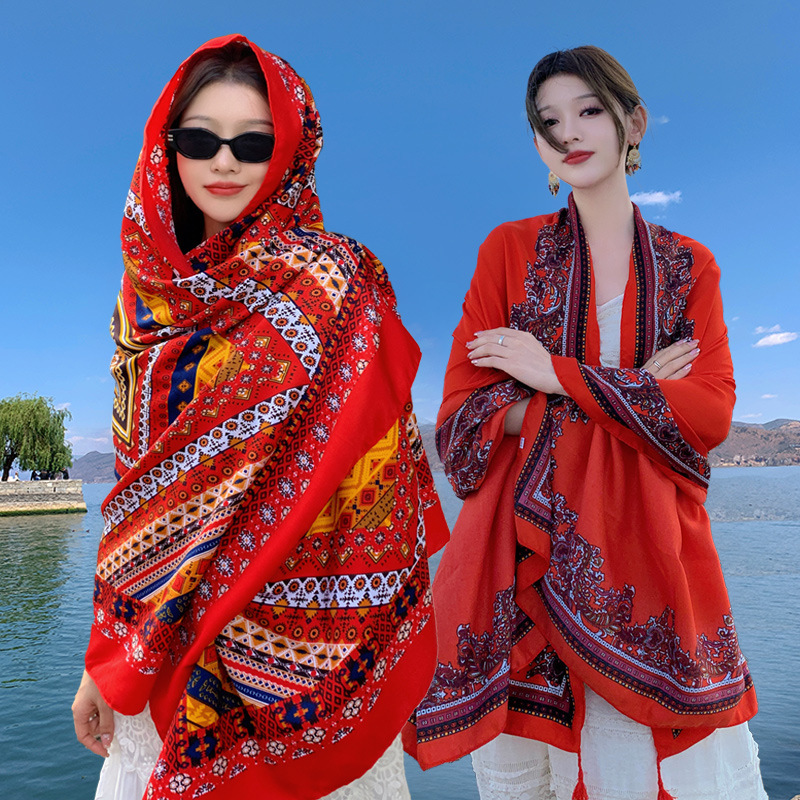 Ethnic Style Scarf Sunscreen Shawl Women's Thin Yunnan Qinghai Grassland Travel Wear Scarf Seaside Beach Scarf
