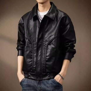 High-end Motorcycle PU Leather Jacket Men's Autumn 2024 New Fashion Brand Flow Loose Lapel Casual Jacket