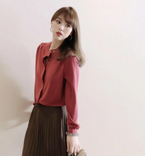 顯白柔和樹莓紅色小立領垂感韓系風格小寬松襯衣女