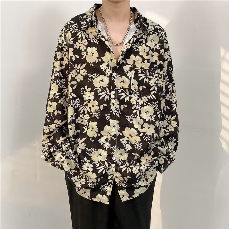 One-piece dropshipping cross-border high-street all-over print men's loose Hong Kong style retro long-sleeved shirt for spring and autumn trendy brand