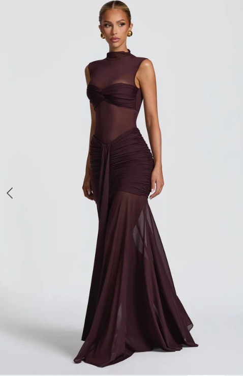 Elegant Bodycon Dress For Women Sexy Sheer Long Dress With Pleated Patchwork Slim Fit High Neck American Style_ecoleips.com