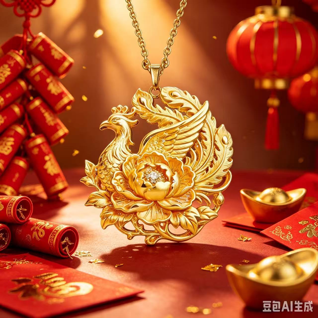 New Chinese Style Phoenix and Peony Gold Pendant Necklace for Women, Traditional Chinese Style Phoenix and Peony Hollow Out Clavicle Chain, Auspicious Jewelry