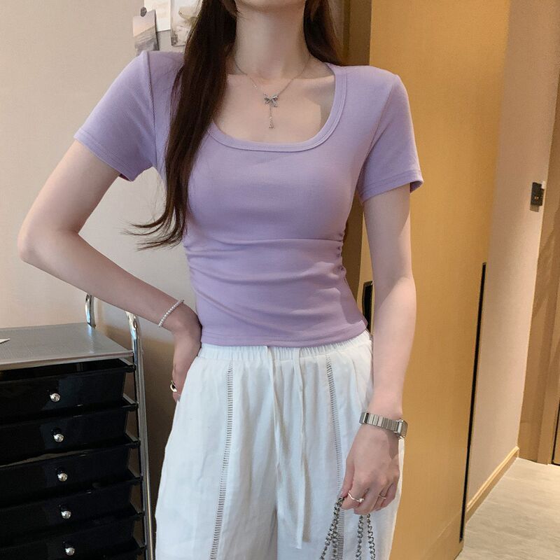 Korean-style dopamine-inspired beautiful purple square-neck, straight-shoulder, short-sleeve T-shirt for women, 2026 summer new model, stunning short top Korean-style dopamine-inspired beautiful purple square-neck, straight-shoulder, short-sleeve T-shirt for women, 2026 summer new model, stunning short top