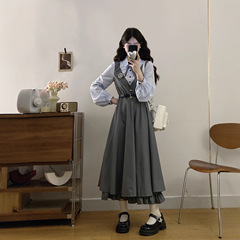 大码女装学院风减龄撞色衬衫假两件收腰西装连衣裙