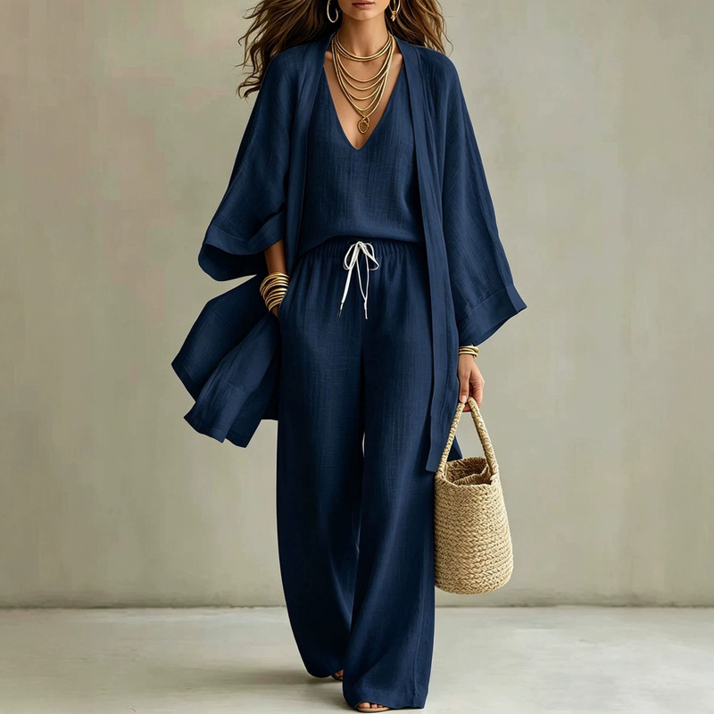 Wholesale of cross-border women's casual three-piece sets: V-neck inner vest, loose-fit cardigan, and high-waisted drawstring wide-leg pants Wholesale of cross-border women's casual three-piece sets: V-neck inner vest, loose-fit cardigan, and high-waisted drawstring wide-leg pants