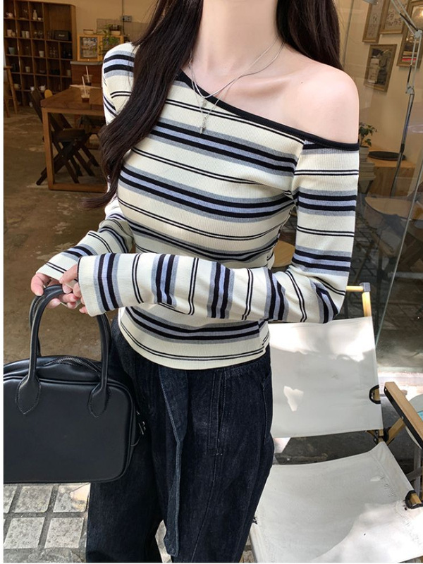 韩系慵懒风斜肩条纹T恤女ins早秋简约休闲修身显瘦百搭长袖打底衫|undefined