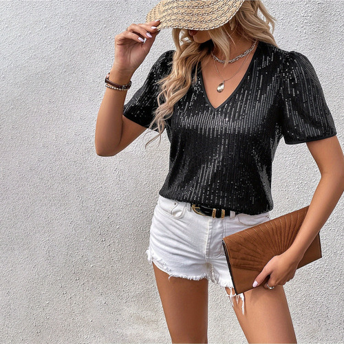 European and American women's fashion, comfortable and loose V-neck sparkly short-sleeve top, loose cut style