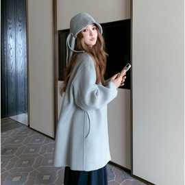 现货/韩系帽子包中长款双面呢羊绒大衣2025