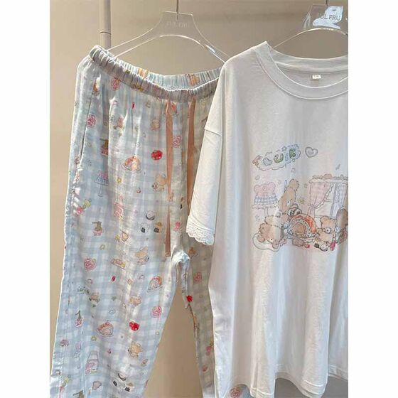 2025 Cute Cartoon Printed Bear T-Shirt Pajamas Women's Spring and Summer New Casual Loose Home Two-piece Set