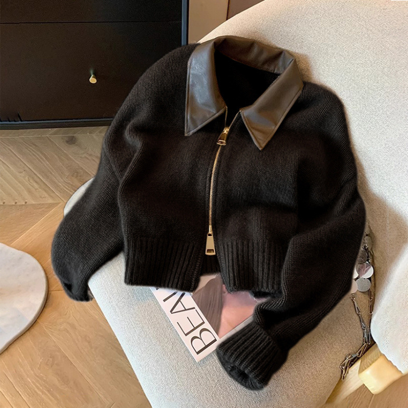 咖色Polo领针织开衫女秋冬短款慵懒软糯双拉链复古美拉德毛衣外套|undefined