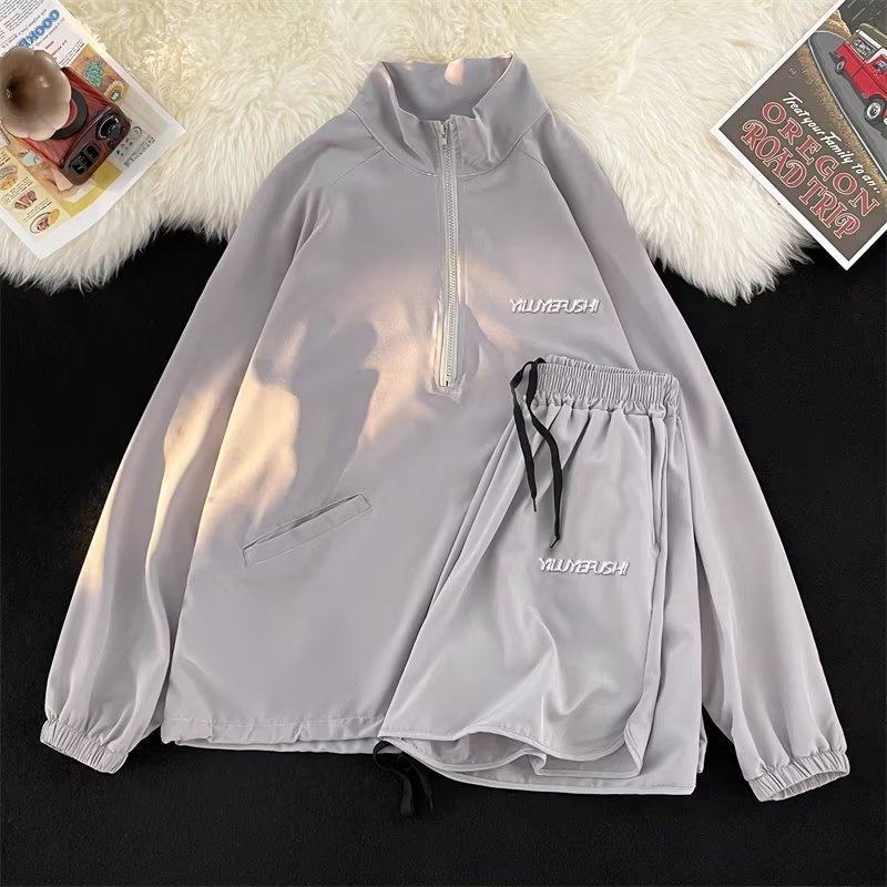 Ice Silk half zipper pullover sweater men's stand collar summer Japanese outdoor loose sports sun protection suit set matching