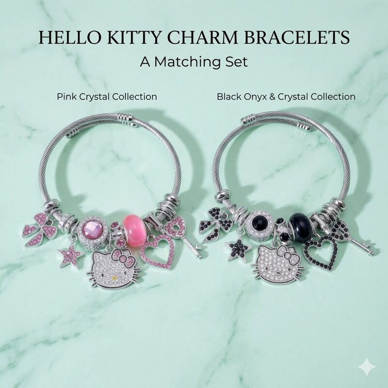Full Diamond Hello Kitty Adjustable Open Bracelet, Similar to Pandora's Beaded Design, Unique and Versatile Jewelry
