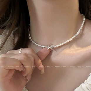 Серебряное ожерелье с бантами из жемчуга, аксессуар, чокер, стиль лёгкой роскоши, стиль высокого качества