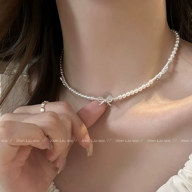 Серебряное ожерелье с бантами из жемчуга, аксессуар, чокер, стиль лёгкой роскоши, стиль высокого качества