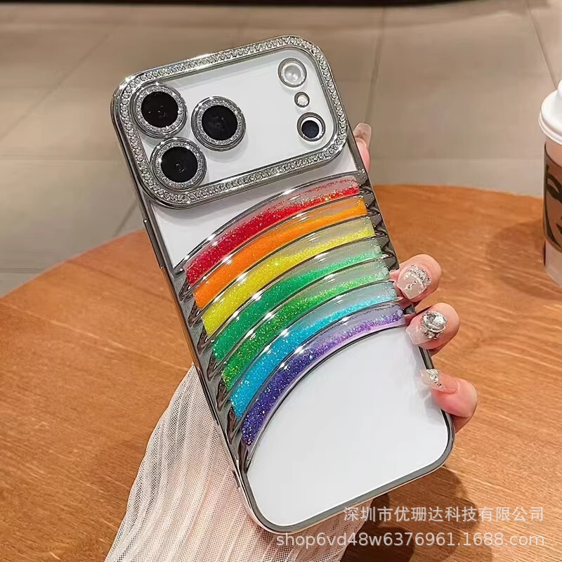 适用iPhone17promax立体流沙彩虹手机壳苹果16闪钻电镀全包保护套|undefined