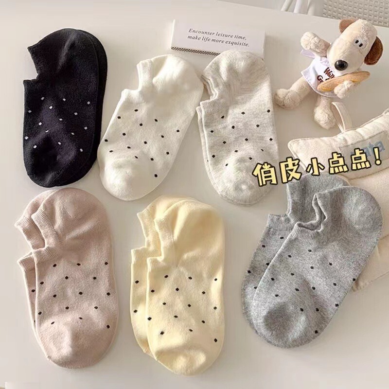 Summer gentle little ~ spring and summer Japanese solid color polka dot boat socks ins do not fall with invisible socks socks sweet Joker
