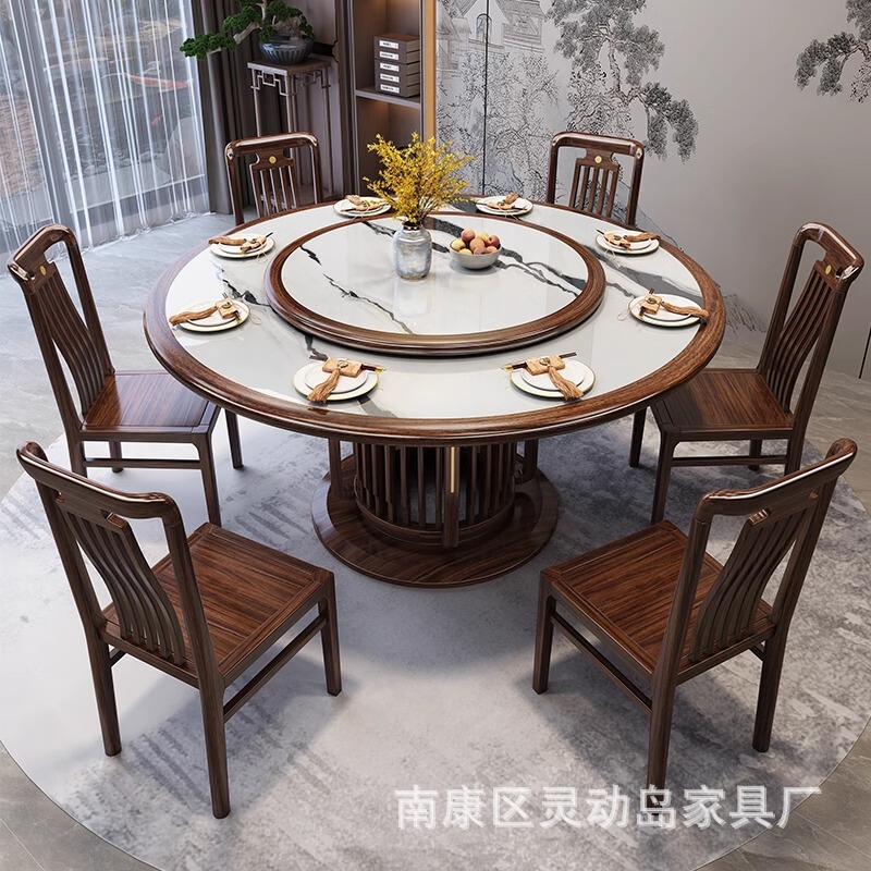 New Chinese-Style Slate Dining Table, Solid Wood Dining Table and Chair Combination, Home Dining Table, Light Luxury Round Table with Turntable