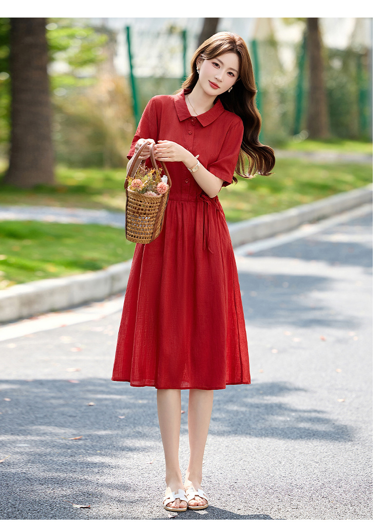 Đầm suông nữ midi dây rút eo cổ điển tay ngắn — Xanh lông mòng đen, màu đỏ chi tiết 14