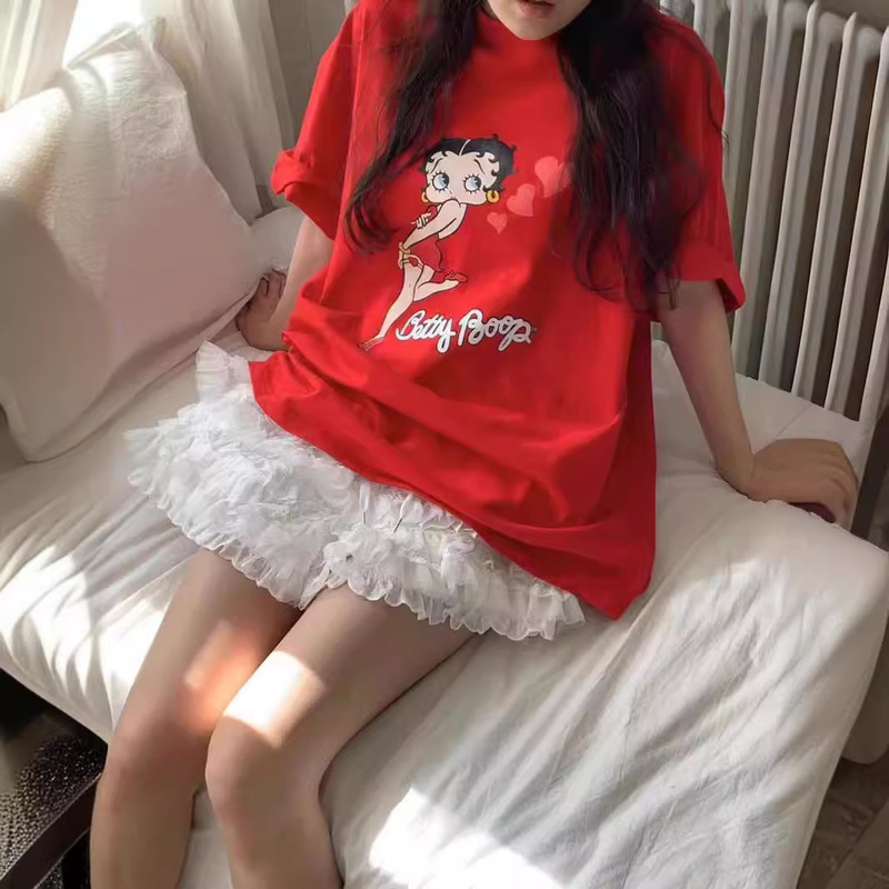 South Korea's Dongdaemun Jki Classic Cartoon Betty Print Star's Same Short-Sleeved T-Shirt Women's Red T-Shirt Pure Cotton