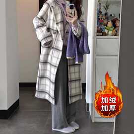 新韩剧女主奶fufu外套春秋冬高级感灰粉格纹大衣小个子中长款风衣